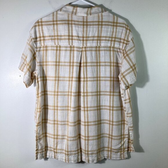 Womens American Eagle Short Sleeve Linen Blend Button Shirt White Tan Plaid M - Picture 2 of 6